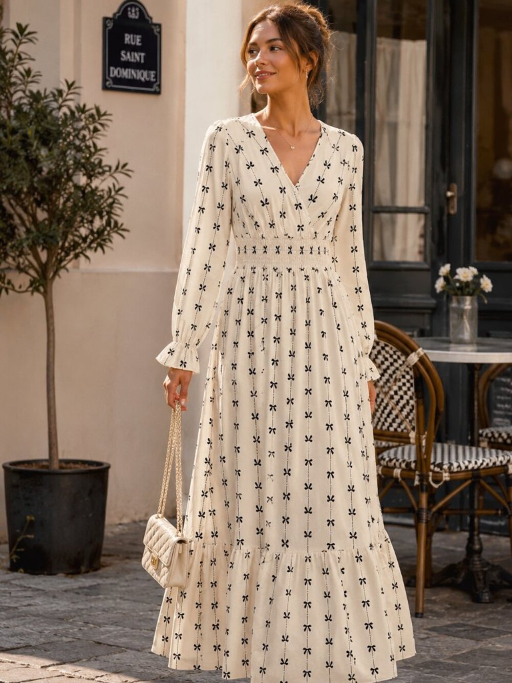 SHEIN Sz 4 Bow Print Maxi Dress Cream Black Smocked Waist Coquette Long Sleeve